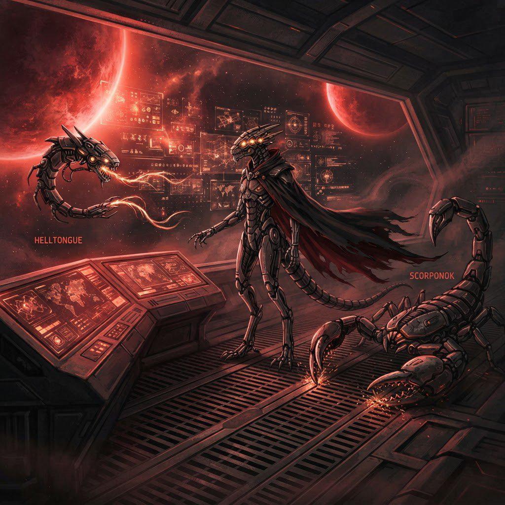 A red-lit command grating. A mechanical serpent labeled Helltongue breathes light on the left. A caped optic-eyed figure stands center. A steel scorpion labeled Scorponok sparks the deck on the right. Twin red moons fill the viewport.