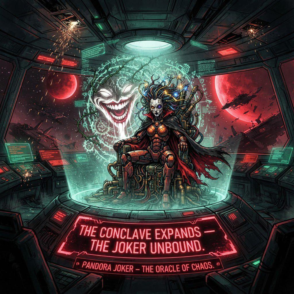 Pandora Joker on a circuitry throne inside a command deck, twin red moons beyond the viewport, emerald sigils and a burning plaque: the Joker unbound.